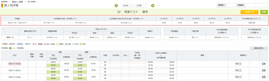 個人別詳細における残業アラート表示